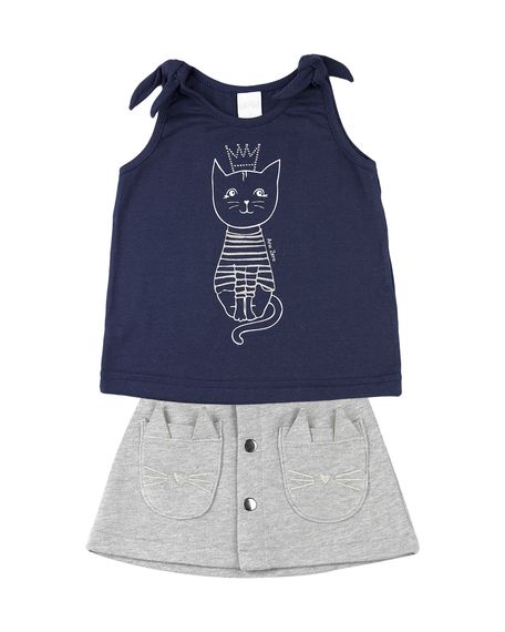 Conjunto Infantil Menina Cotton e Moletom Trend Gatinha - Marinho 1