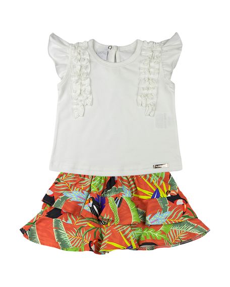 Conjunto Infantil Menina Cotton e Tricoline Estampa Digital Tucanos - Natural 1