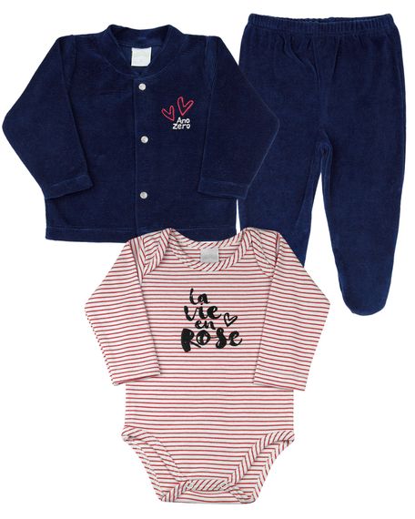 Conjunto Bebê Plush Ondulê, Suedine Listrado e Plush La Vie en Rose - Vermelho RN