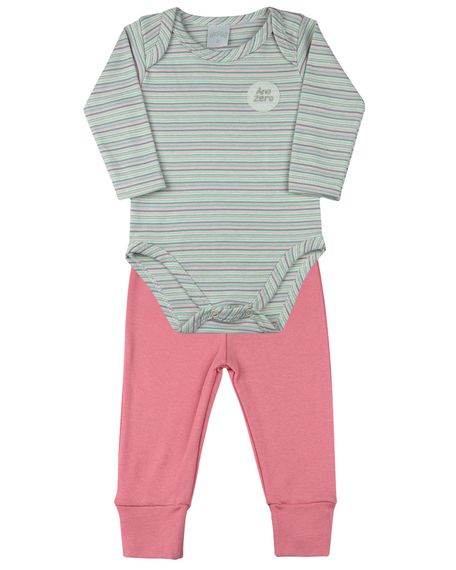 Pijama Bebê Suedine Listrado e Liso - Natural RN