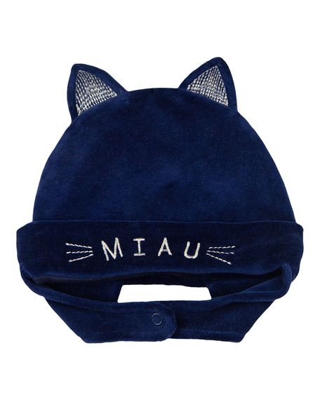 Touca de Bebê Plush Bordado Miau - Marinho G