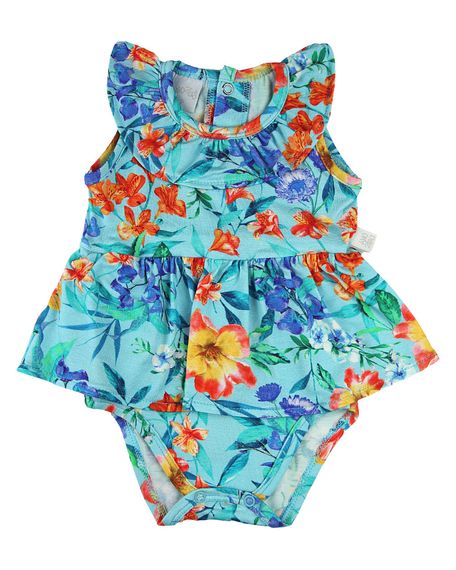 Body Bebê com Saia Franzida de Viscolycra Estampada Floral - Turquesa 1