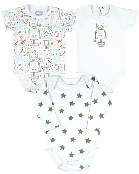 Kit Body Bebê Menino Suedine Estampado Robôs e Estrelas - Branco 3