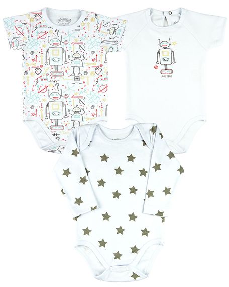 Kit Body Bebê Menino Suedine Estampado Robôs e Estrelas - Branco RN