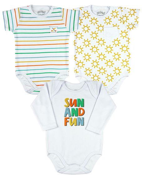 Kit Body Bebê Menino Suedine Listrado e Estampado Sun and Fun - Branco G