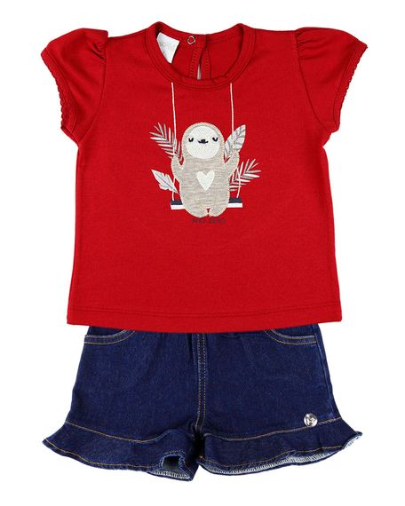 Conjunto Infantil Menina Cotton e Índigo Stone Washed Bicho Preguiça - Vermelho 1