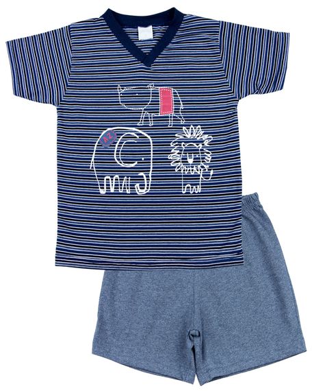 Pijama Infantil Menino Malha Listrada Silk Rinoceronte Elefante e Leão - Marinho GG