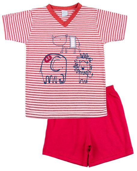Pijama Infantil Menino Malha Listrada Silk Rinoceronte Elefante e Leão - Vermelho 1