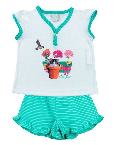 Pijama Infantil Menina Malha Lisa e Listrada Beija Flor e Gatinho - Verde GG