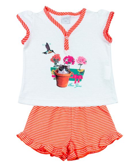 Pijama Infantil Menina Malha Lisa e Listrada Beija Flor e Gatinho - Coral GG