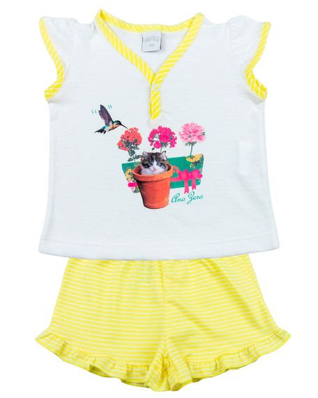 Pijama Infantil Menina Malha Lisa e Listrada Beija Flor e Gatinho - Amarelo 2