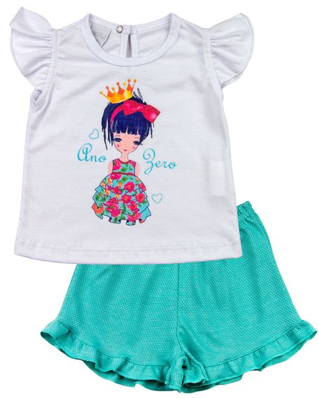 Pijama Infantil Meia Malha Poá Menina de Coroa - Verde 3