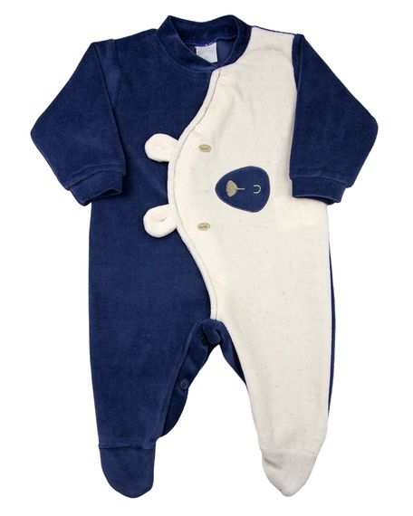 Macacão Bebê Plush Bordado Urso com Orelhas Soltas - Azul Jeans P