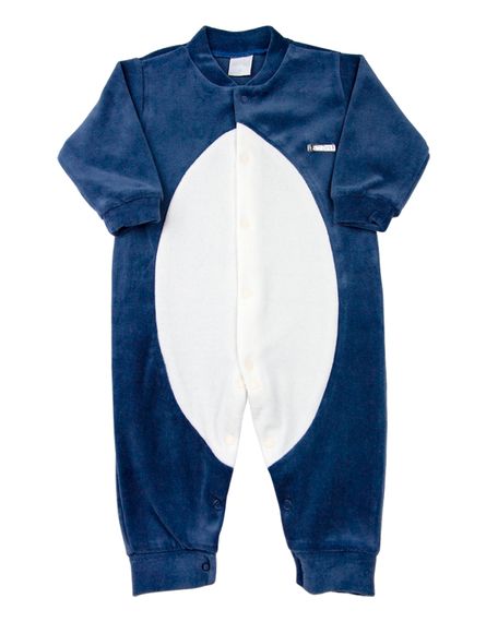 Macacão Bebê Plush Touca Pinguim - Azul Jeans GG
