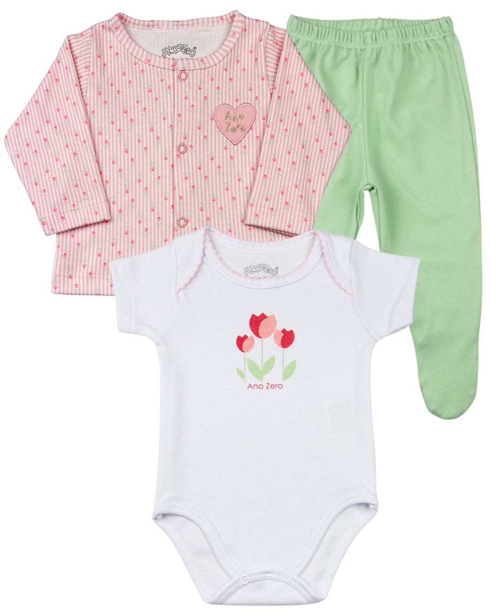 Conjunto Bebê Suedine Fio de Algodão Egípcio Estampa Digital Listrado com Tulipas - Rosa