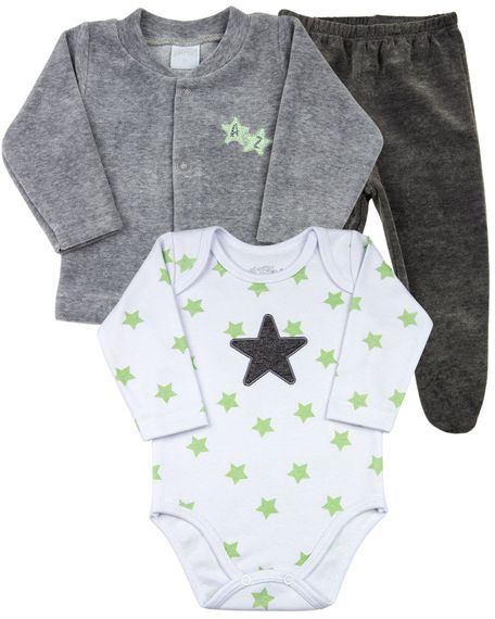 Conjunto Bebê Plush Laserwash e Suedine Estampado Estrelinhas - Mescla G