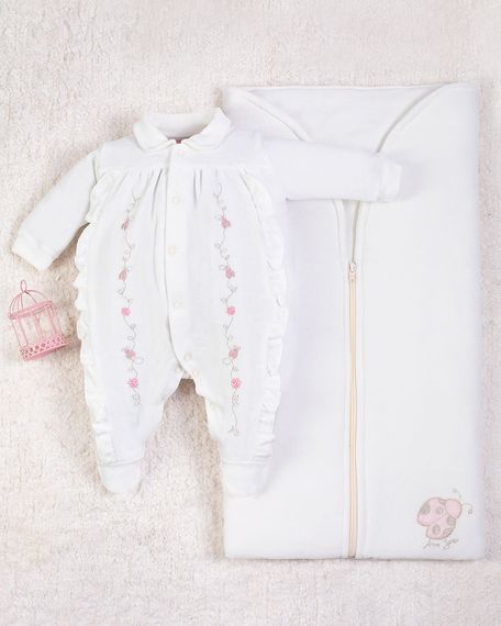 Saída Maternidade Menina Plush Bordado Joaninhas - Natural RN