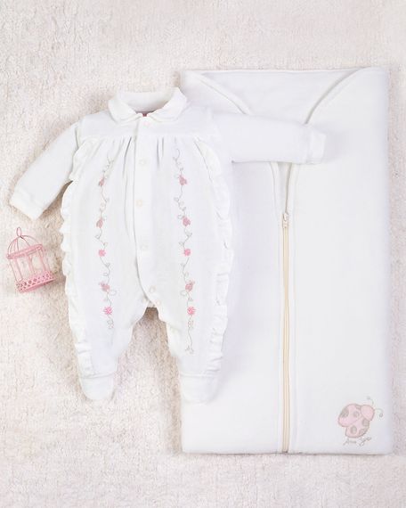 Saída Maternidade Menina Plush Bordado Joaninhas - Natural RN