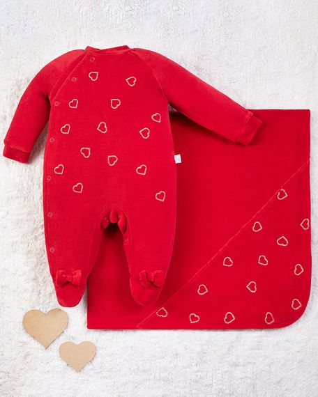 Saída Maternidade Menina Plush Bordado Corações - Vermelho RN