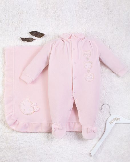 Saída Maternidade Menina Plush Bordado Gatinhas - Rosa RN