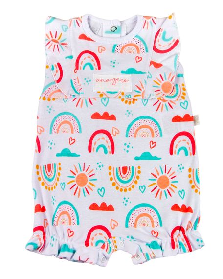 Macacão Curto Bebê Suedine Estampado Sol e Arco Íris - Branco M