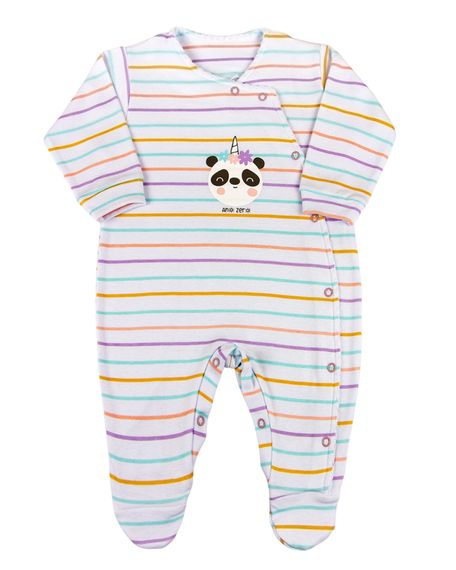 Macacão Bebê Suedine Longo Listrado Silk Ursinho Panda - Lilas G