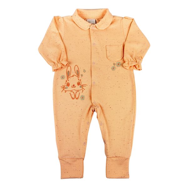 Macacão Bebê Longo Malha Trabalhada Bordado Coelhinha lojaanozero