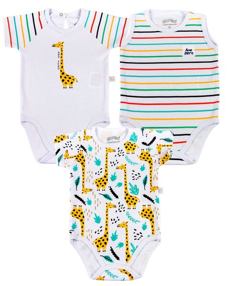 Kit Body Bebê Unisex Suedine Estampado Girafas - Branco RN