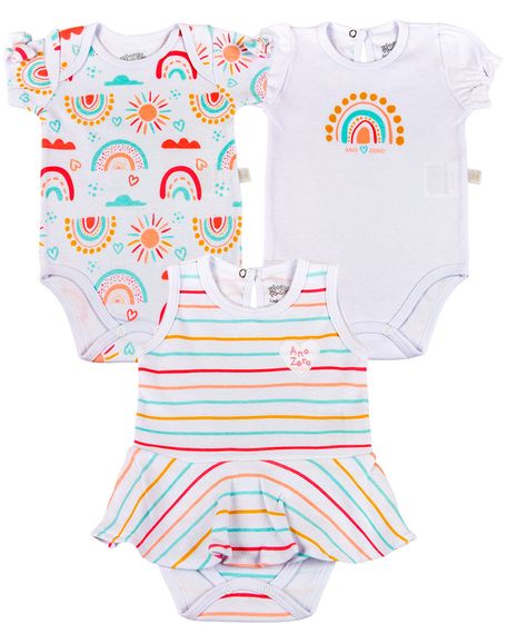 Kit Body Bebê Menina Suedine Estampado Sol e Arco Íris - Branco P
