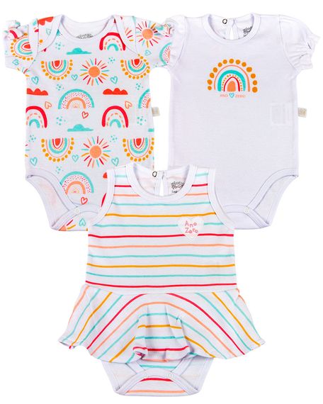 Kit Body Bebê Menina Suedine Estampado Sol e Arco Íris - Branco RN