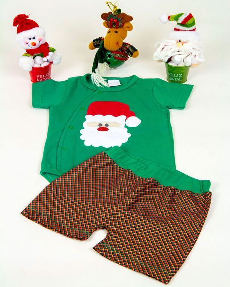 Conjunto Bebê Natal e Infantil Cotton e Xadrez Papai Noel - Verde 1