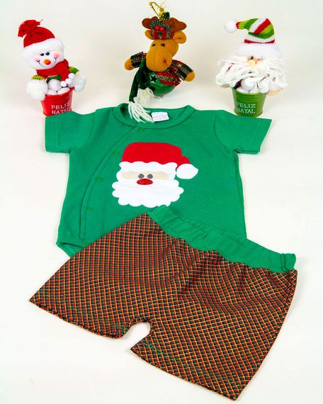 Conjunto Bebê Natal e Infantil Cotton e Xadrez Papai Noel - Verde GG