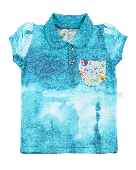 Blusa Infantil em Malha Reciclato Manchada com gola e Bolso - Turquesa 1