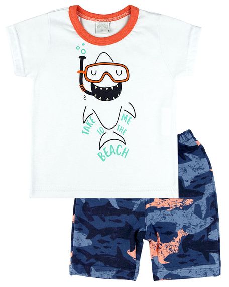 Conjunto Bebê Menino Meia Malha e Molicotton Estampado Tubarão Take Me To The Beach - Marinho G