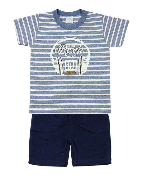 Conjunto Malha Listrada Cool e Moletinho Just Rock - Azul P