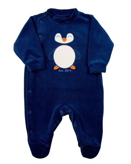 Macacão Bebê Veludo Ondulê Pinguim - Marinho G