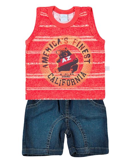 Conjunto Bebê Malha Estampada e Índigo Urso Americas - Vermelho P