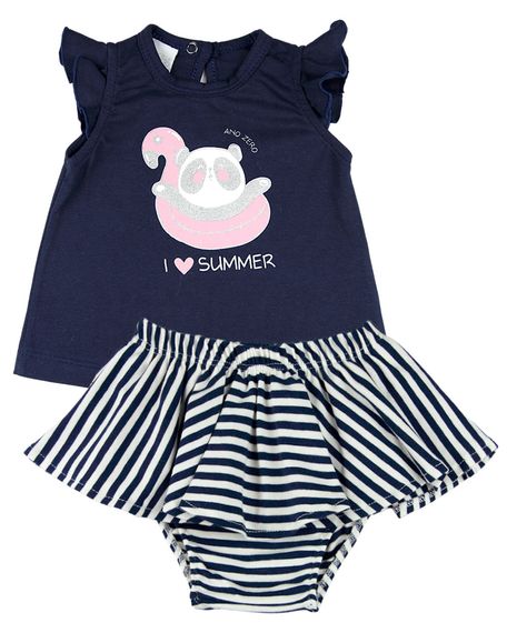 Conjunto Bebê Menina Cotton Liso e Listrado Panda I Love Summer - Marinho P