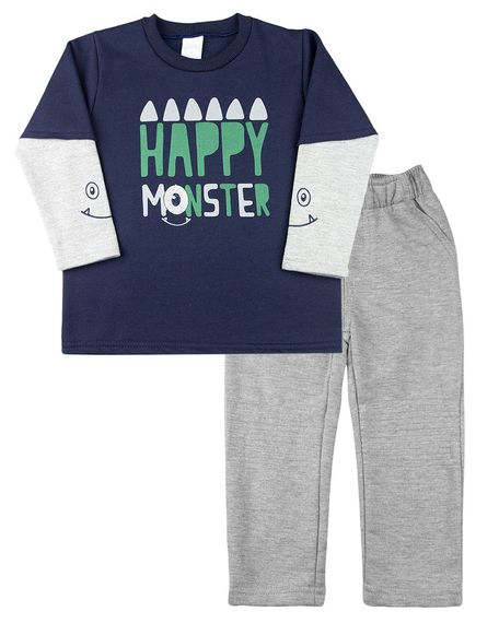 Conjunto Infantil Moleton Flanelado Happy Monster - Marinho 2
