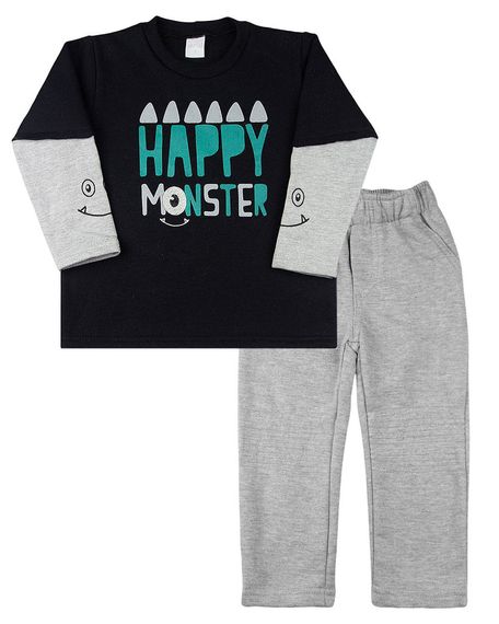 Conjunto Infantil Moleton Flanelado Happy Monster - Preto 2