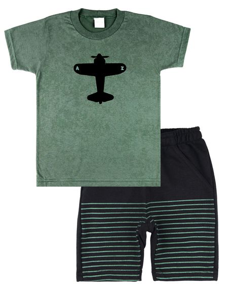 Conjunto Infantil Menino Malha Laserwash e Moletinho Bordado Avião - Verde 1