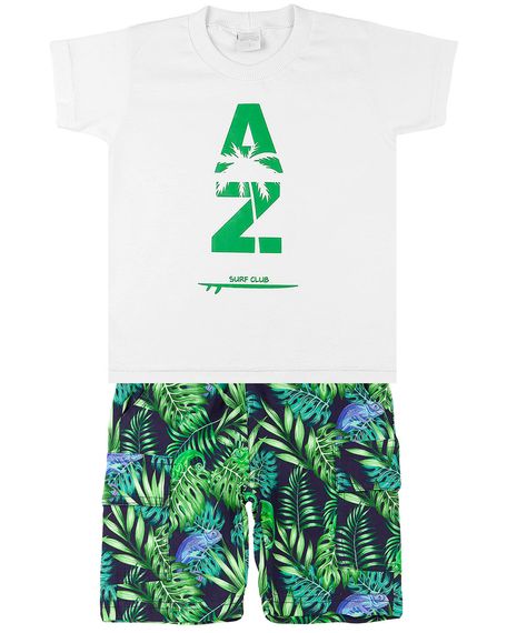 Conjunto Infantil Meia Malha e Tricoline Estampa Digital de Camaleão AZ Surf Club - Branco 3