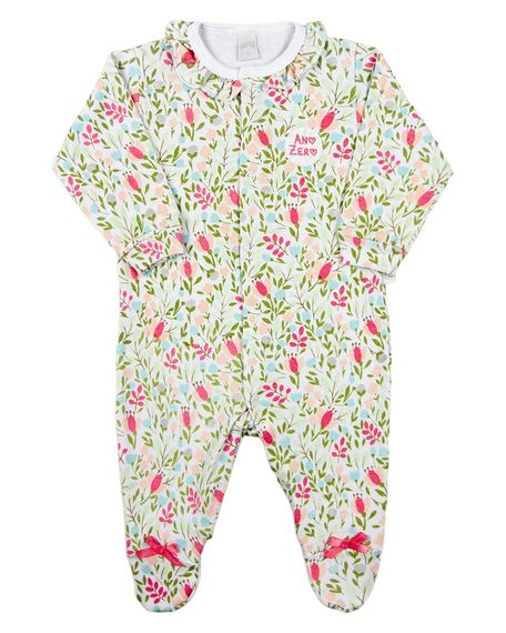 Macacao Bebe Menina Suedine Longo Estampado Folhagem - Branco G