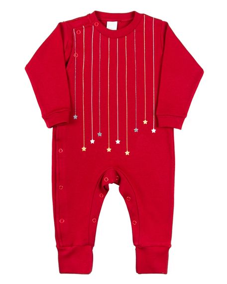 Macacao Bebe Menina Longo Suedine Fio Egípcio Silk Screen Estrelinhas - Vermelho RN