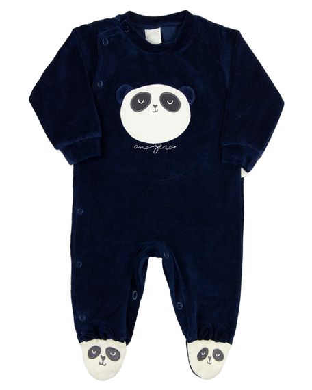 Macacao Bebe Plush Menino Bordado Urso Panda - Marinho G