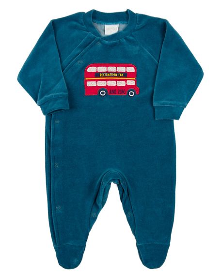 Macacao Bebe Plush Menino Bordado Ônibus - Azul Jeans M