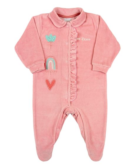 Macacao Bebe Plush Menina Bordado Flor e Arco Íris - Salmão M