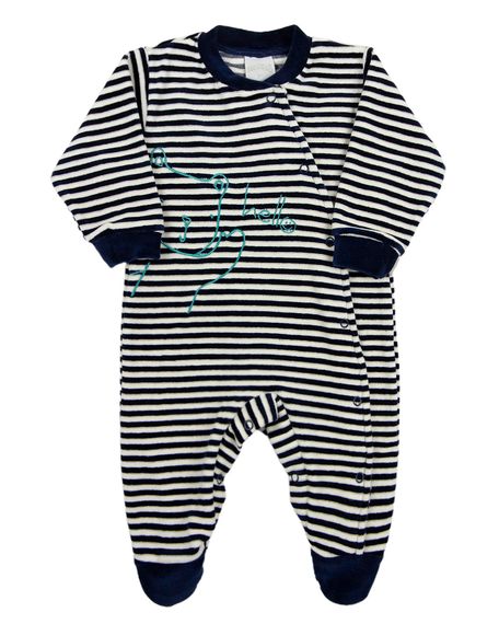 Macacao Bebe Plush Listrado Menino Bordado Ursinho Hello! - Marinho RN