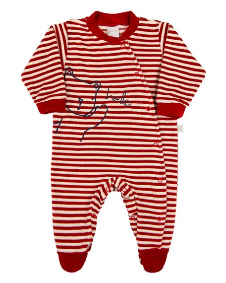 Macacao Bebe Plush Listrado Menino Bordado Ursinho Hello! - Vermelho RN