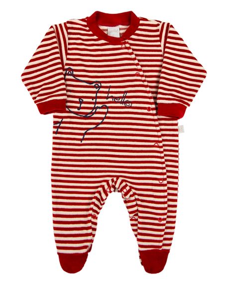 Macacao Bebe Plush Listrado Menino Bordado Ursinho Hello! - Vermelho RN